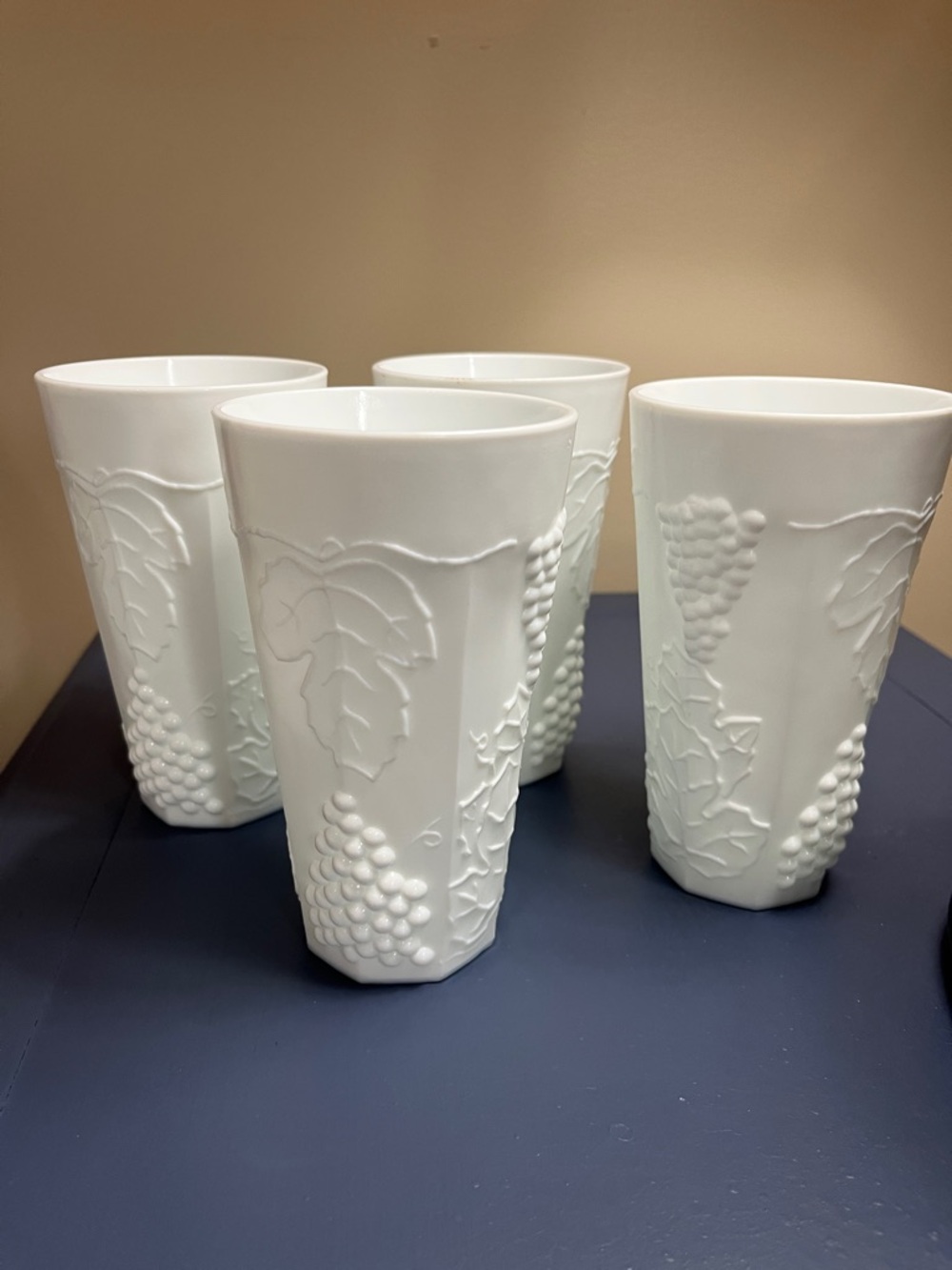 Indian White milk glass Embossed Grape Tumbler Set - 4pc